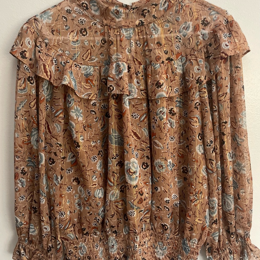 Ann Taylor Tan Floral Ruffle-Neck Blouse with Blue Accents